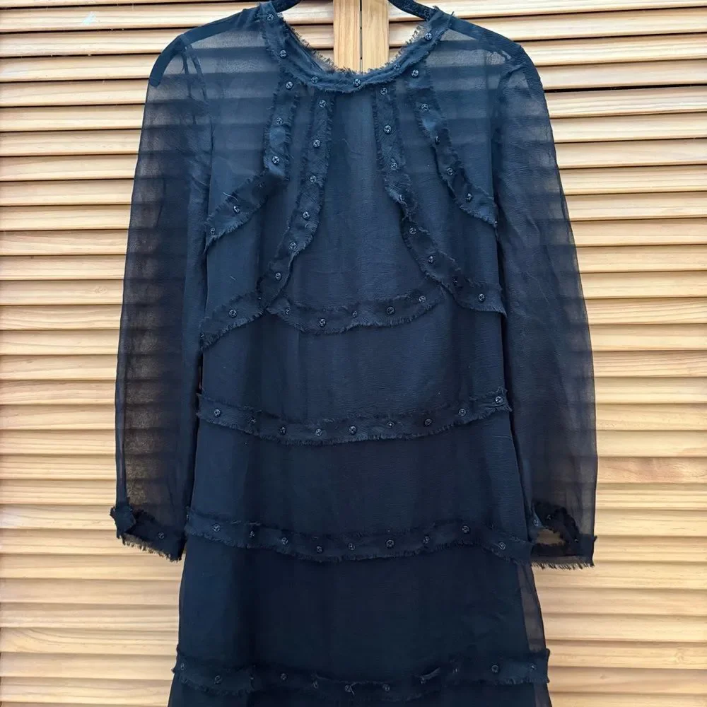 CHANEL Black sheer Silk Long Sleeve Dress